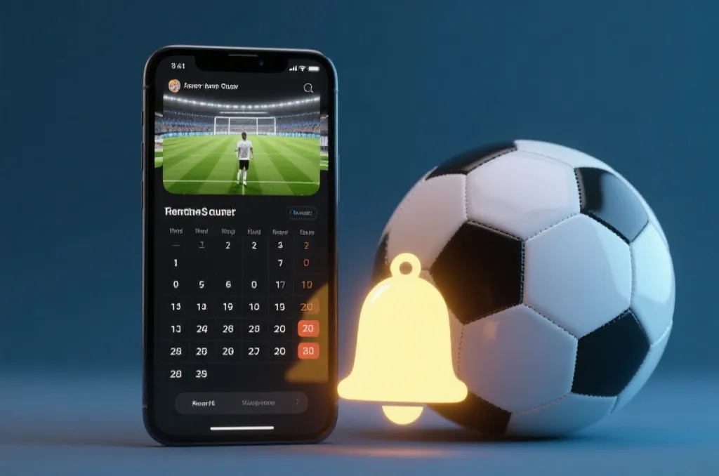 A smartphone display showing a football match schedule with a glowing notification bell icon next to a clean football